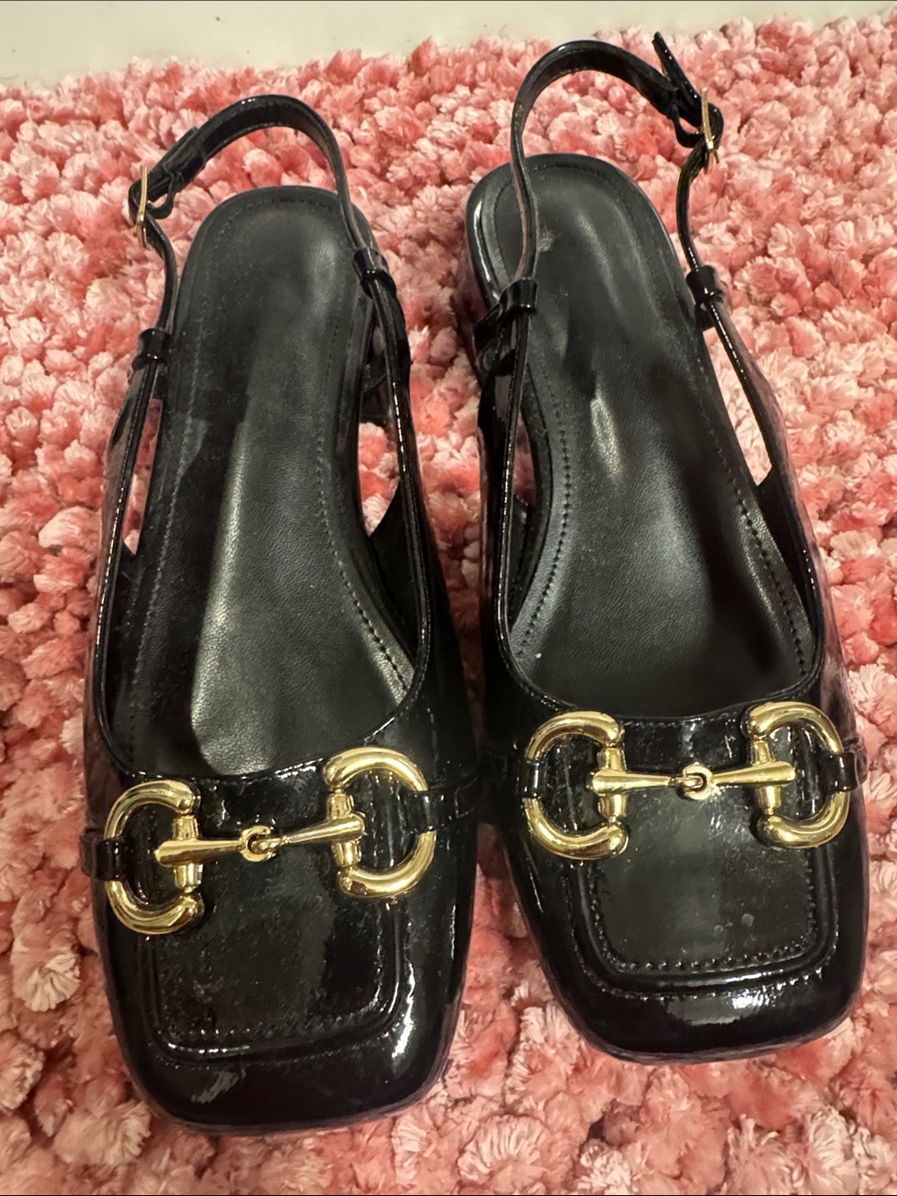 Black Patent Slingback Mules with Gold Horsebit Hardware